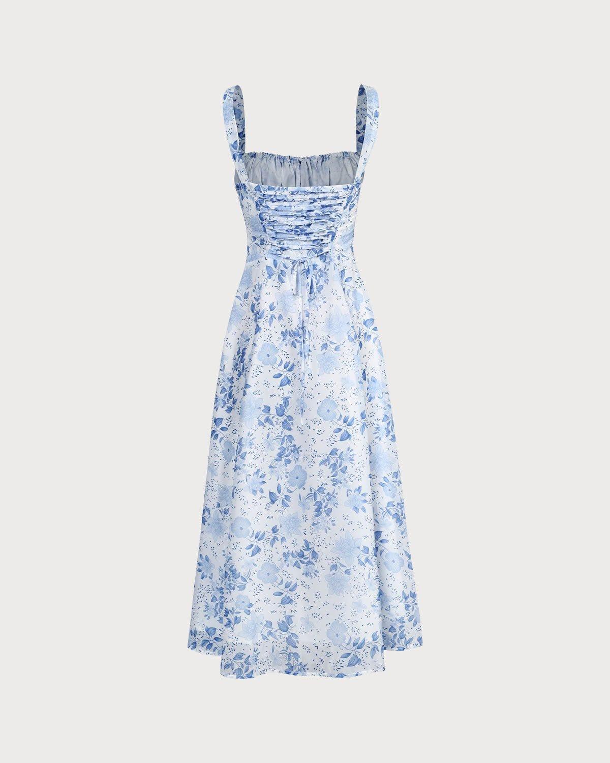 The Blue Square Neck Floral Ruched Midi Dress Product Image