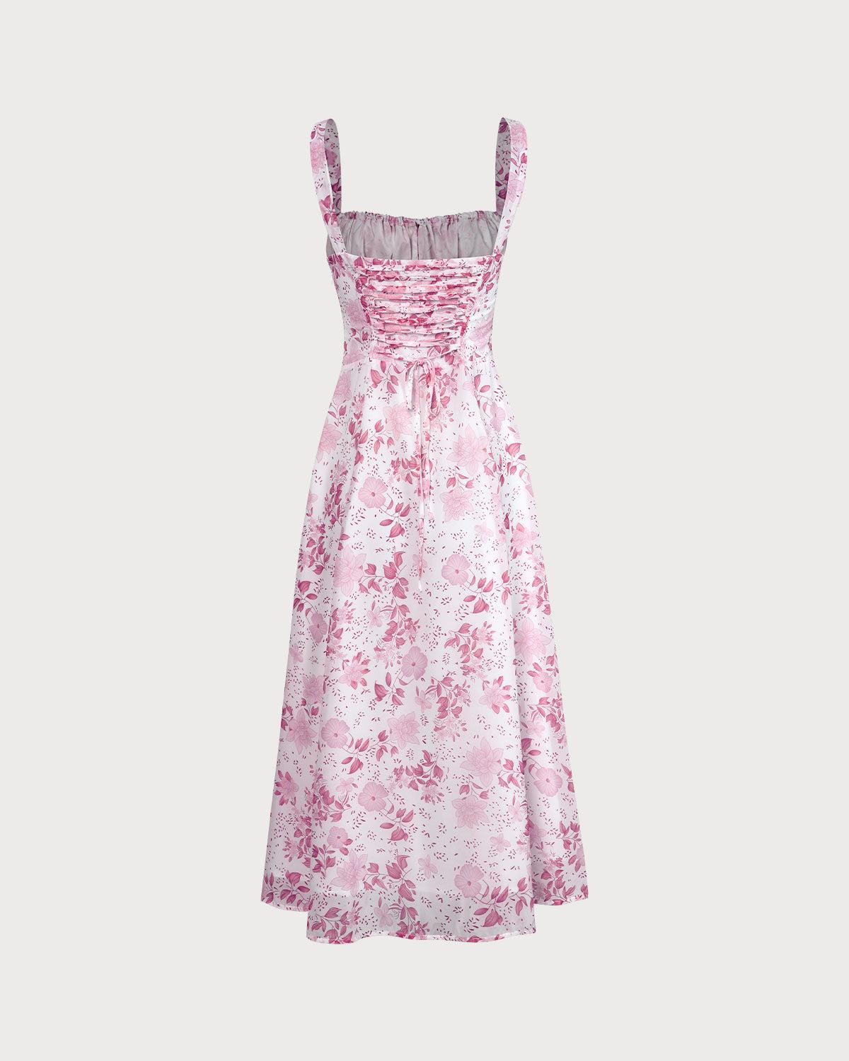 The Pink Square Neck Floral Ruched Midi Dress Product Image