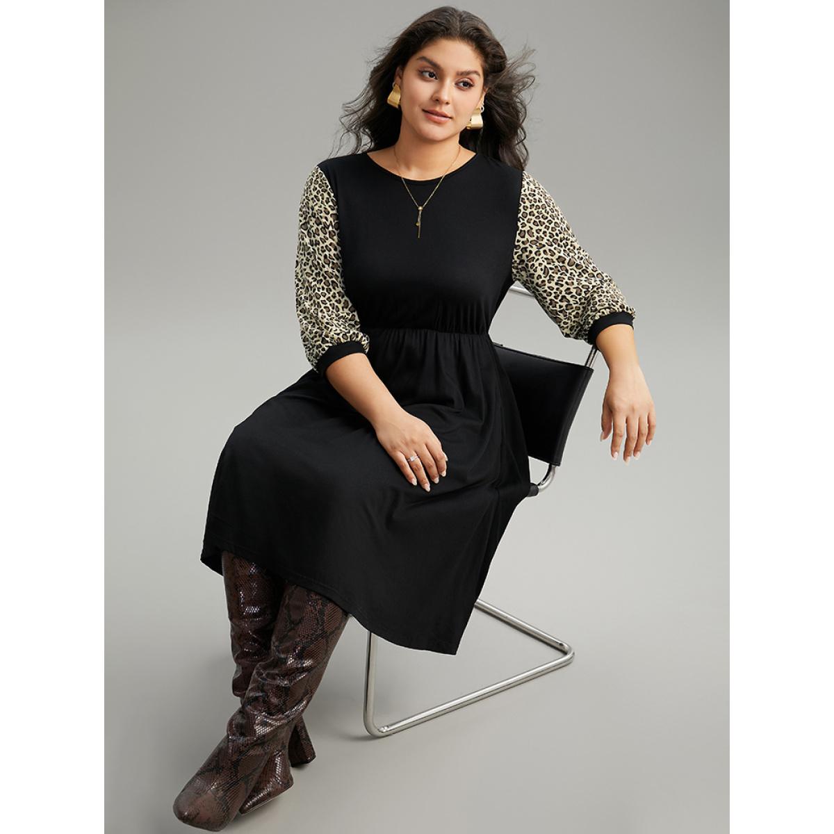 Plus Size Leopard Patchwork Pocket Elastic Waist Dress Black Women Casual Printed Round Neck Elbow-length sleeve Curvy Midi Dress BloomChic 30/6X Product Image