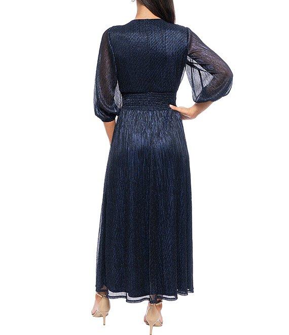 Marina V Neck 3/4 Sleeve Smock Waist Mini Pleat Metallic Dress Product Image