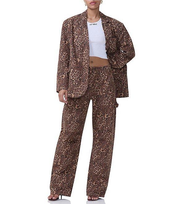 AFRM Joette Denim Leopard Print Notch Collar Neck Long Sleeve Blazer Product Image