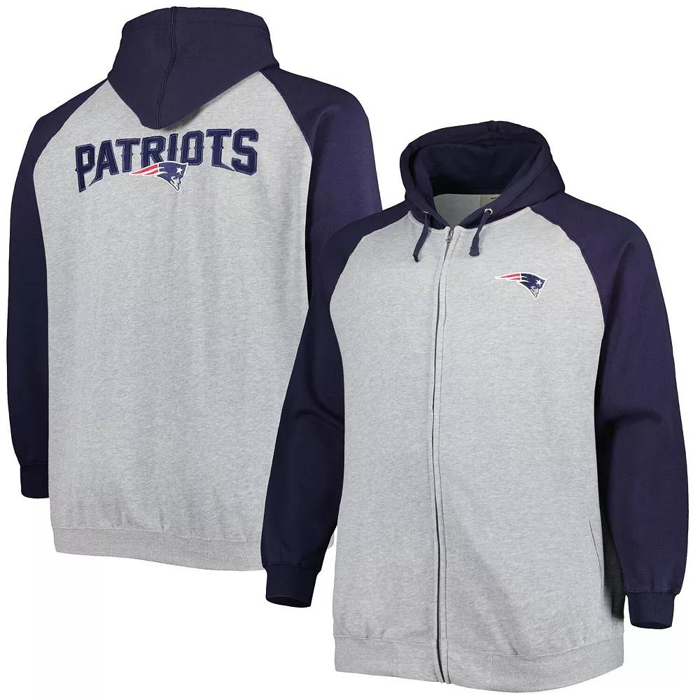 Men's Heather Gray New England Patriots Big & Tall Fleece Raglan Full-Zip Hoodie Jacket, Size: 2XLT, Grey Product Image