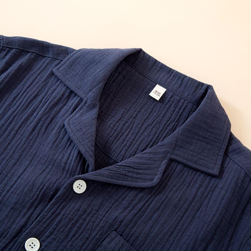 Pajama Set: Short-Sleeve Lapel Collar Plain Button Top + Lounge Shorts Product Image