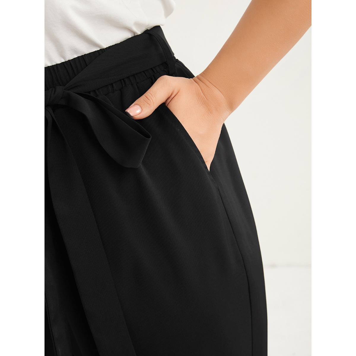 Plus Size Plain Elastic Waist Belted Pocket Mid Rise Pants Women Black Office Mid Rise Dailywear Pants BloomChic 14-16/1X Product Image
