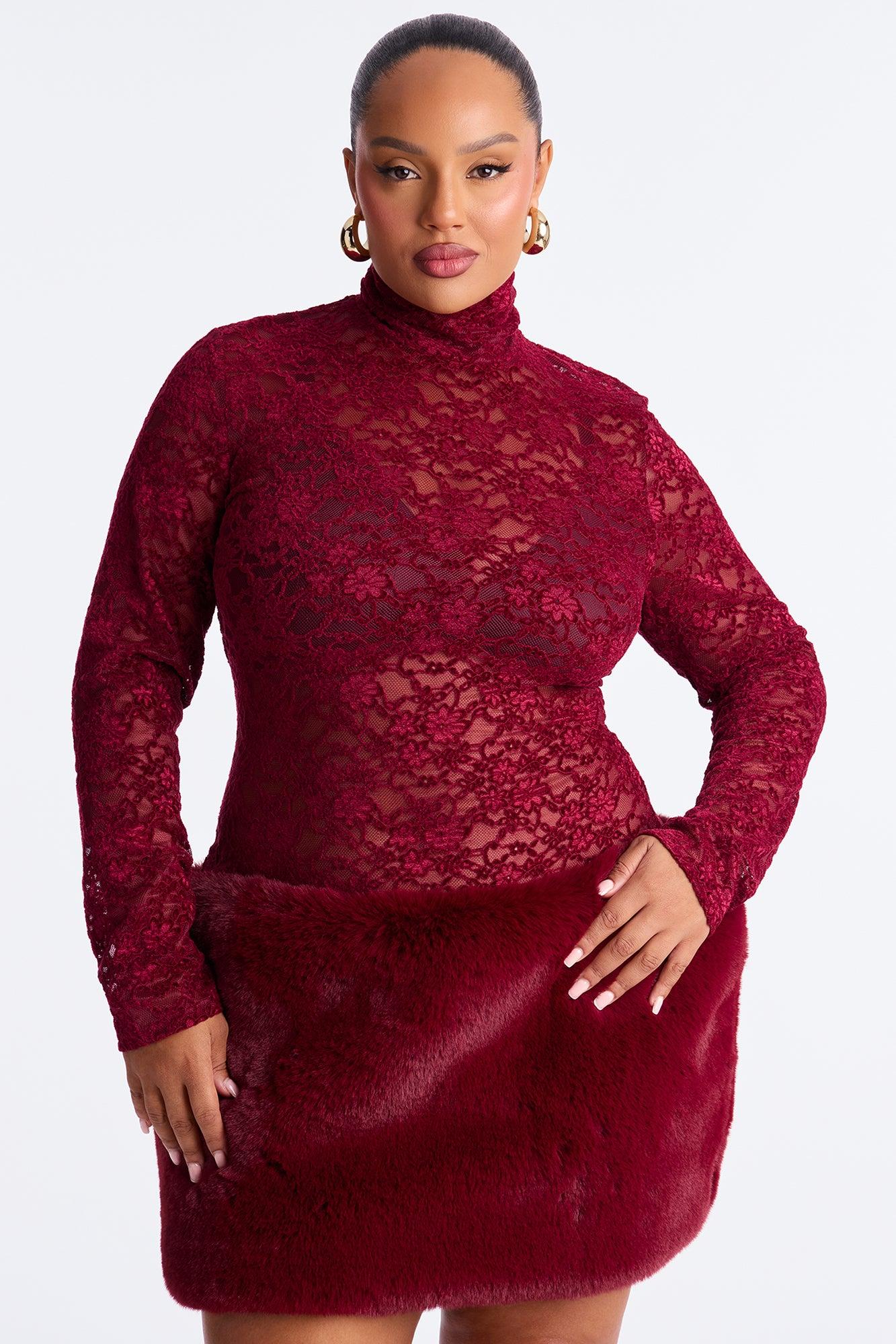 If You Had My Love Fur Trim Lace Mini Dress - Burgundy Female Product Image