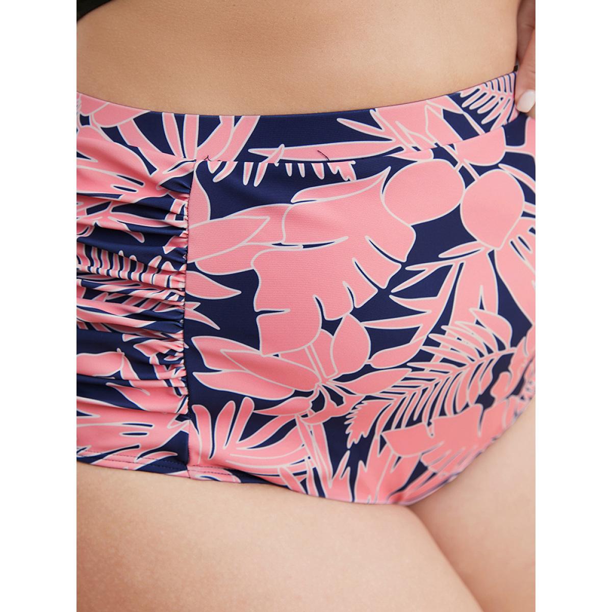 Plus Size Plant Print Ruched Side Swim Bottom Women's Swimwear Pink Vacation Printed High stretch Skinny High Rise Curve Swim Bottoms BloomChic 12/L Product Image