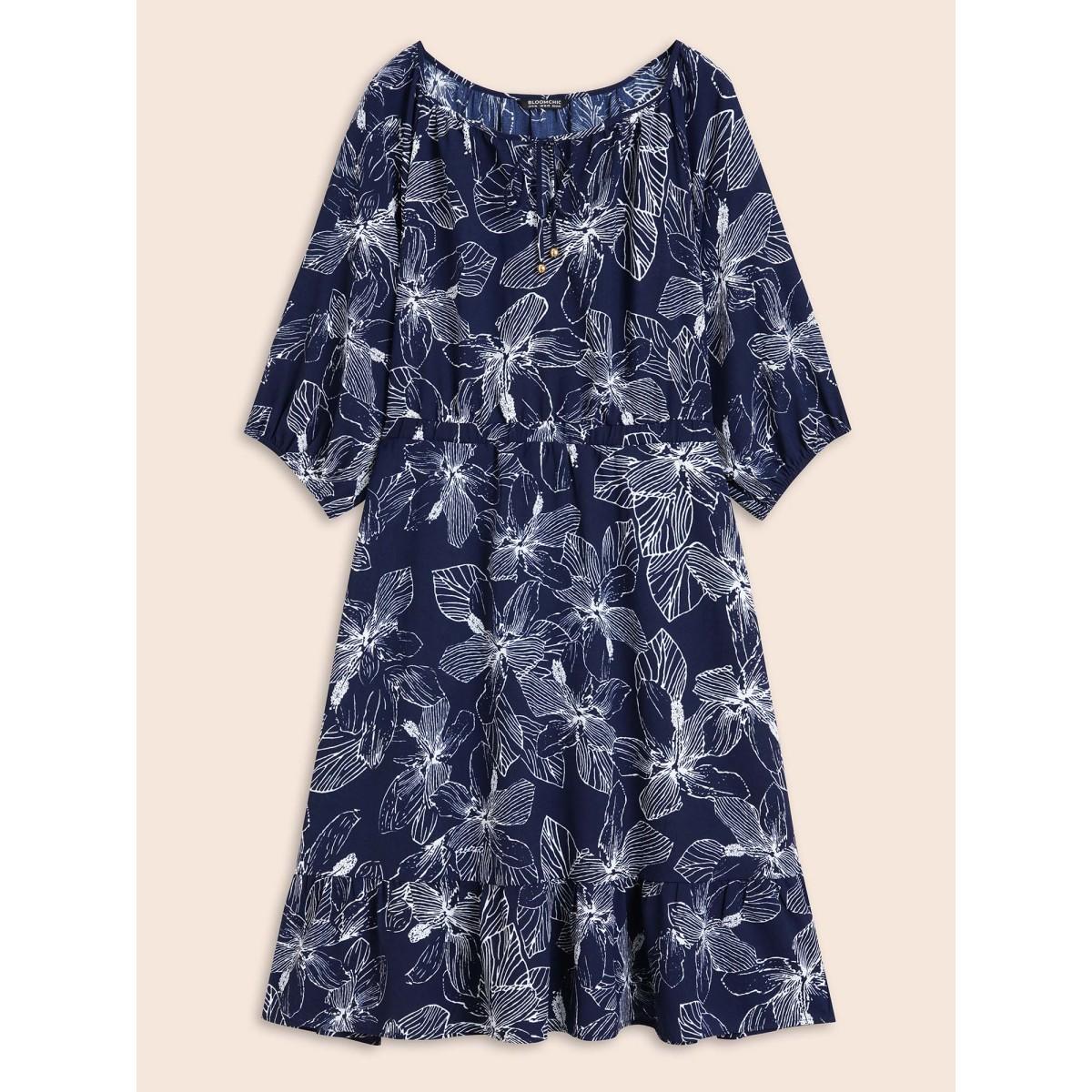 Plus Size Silhouette Floral Print Tie Knot Dress Navy Women Elegant Tie knot V-neck Elbow-length sleeve Curvy BloomChic 30/6X Product Image