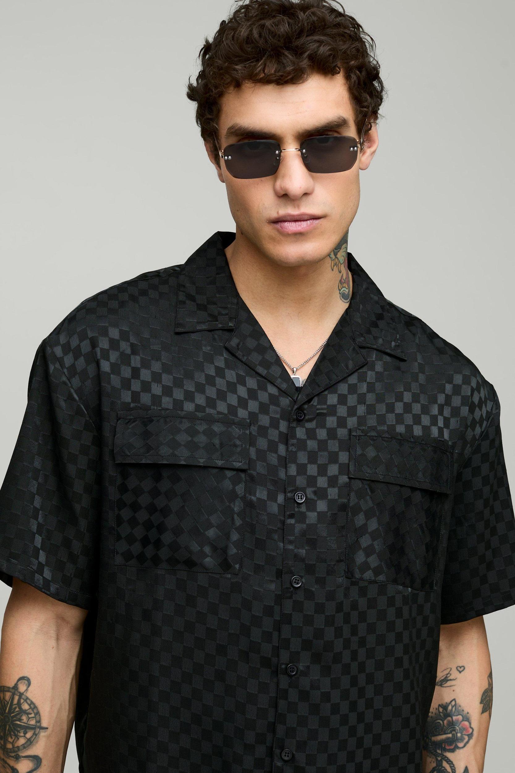 Oversized Short Sleeve Checkerboard Satin Shirt & Wide Leg Trouser Set | boohooMAN USA Product Image