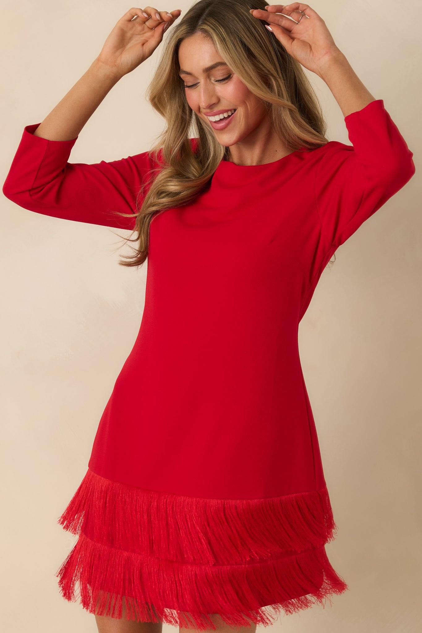 Coming In Hot Red 3/4 Sleeve Fringe Mini Dress Product Image