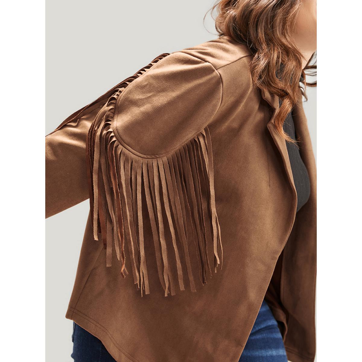 Plus Size Solid Fringe Trim Open Front Coat Women Bronze Party Tassels Ladies Going out Winter Coats BloomChic 14-16/1X Product Image