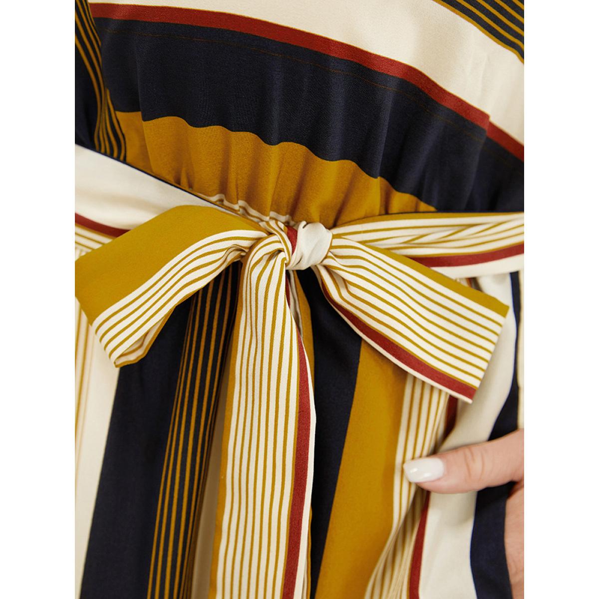 Plus Size Striped Patchwork Belted Ruffles Pocket Dolman Sleeve Dress Multicolor Women Vacation Contrast Round Neck Short sleeve Curvy Knee Dress BloomChic 28/5X Product Image