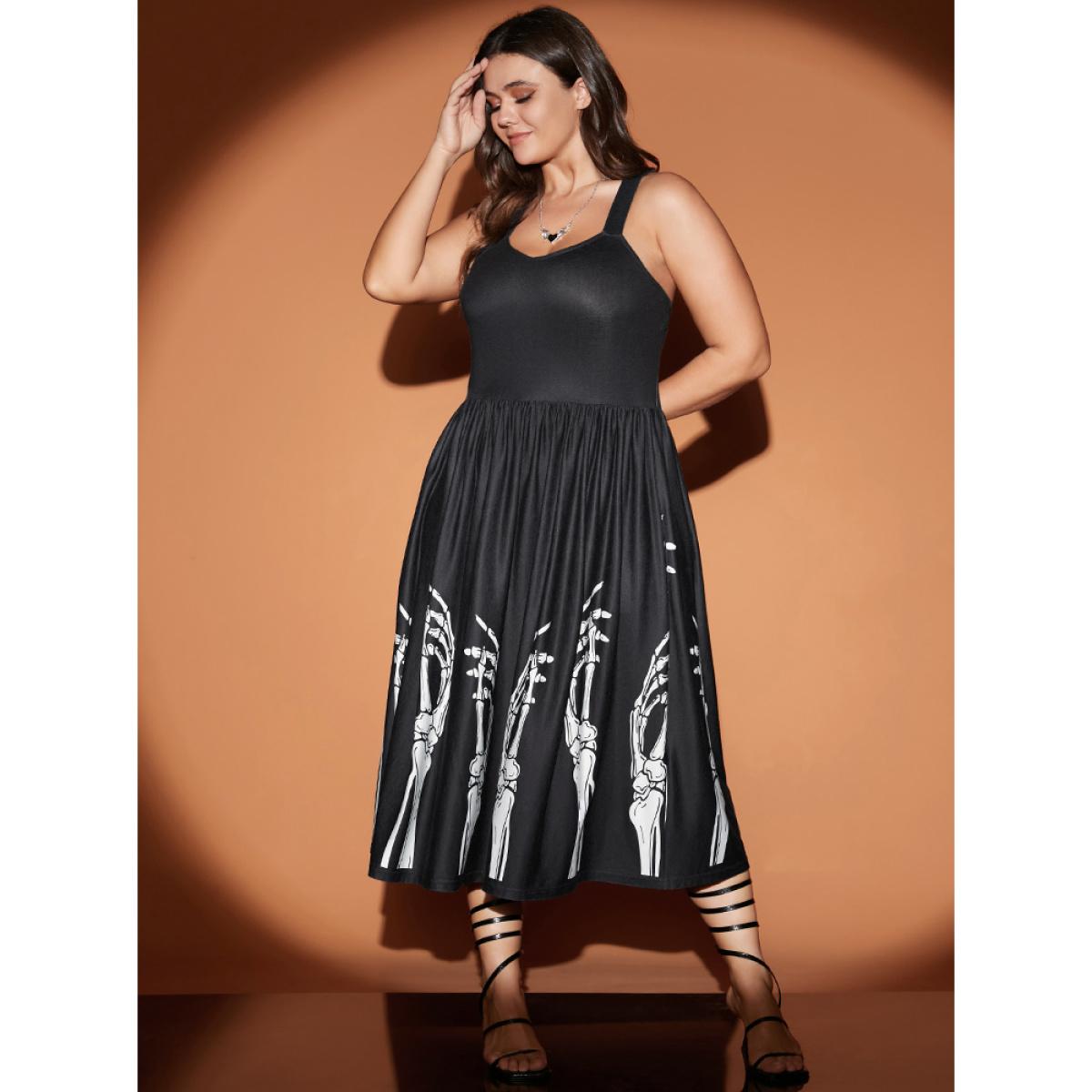 Plus Size Halloween Skeleton Print Pocket Flutter Hem Cami Dress Black Women Elegant Pocket Spaghetti Strap Sleeveless Curvy Midi Dress BloomChic 14-16/1X Product Image