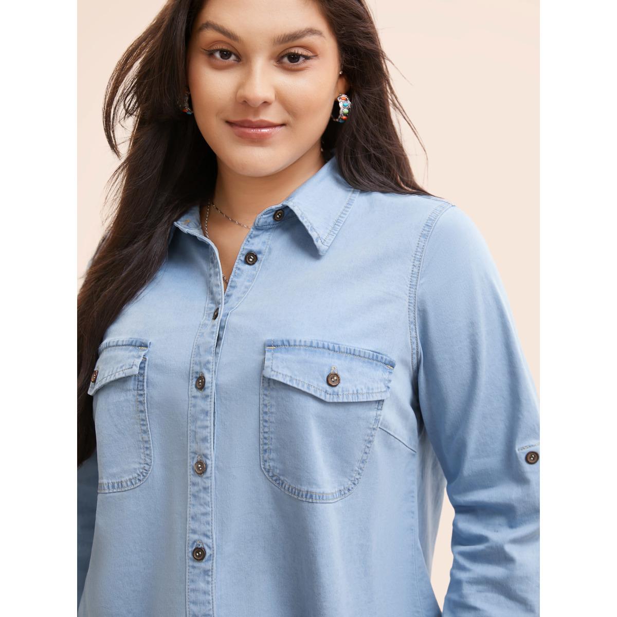 Women Stretch Denim Chest Pockets Jacket Denimblue Plus Size Button Casual Patch pocket Leisure Denim Jackets BloomChic 12/L Product Image