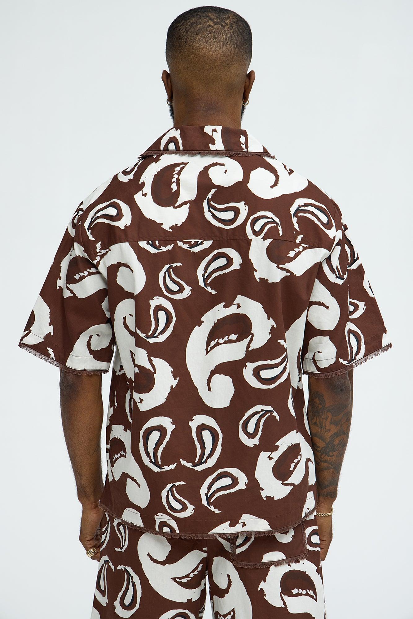 Paisley Print Frayed Shirt - Brown/combo Product Image