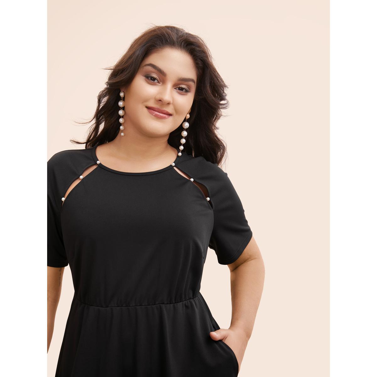 Plus Size Pearl Beaded Cut Out Raglan Sleeve Dress Black Women Elegant Beaded Round Neck Short sleeve Curvy BloomChic 18-20/2X Product Image