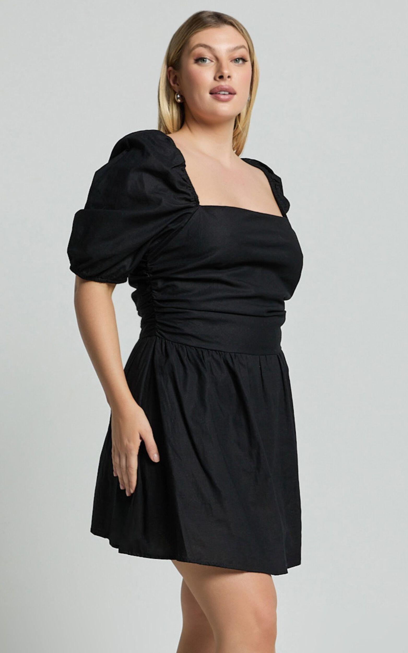 Claudina Mini Dress - Linen Look Puff Sleeve Ruched Bodice Dress in Black Product Image