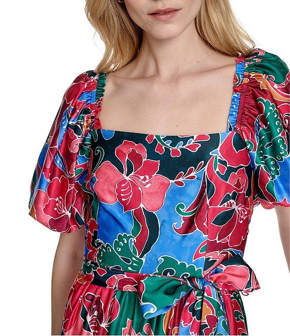 Eliza J Square Neck Short Puffed Sleeve Crepe Satin A-Line Tiered Maxi Dress Product Image