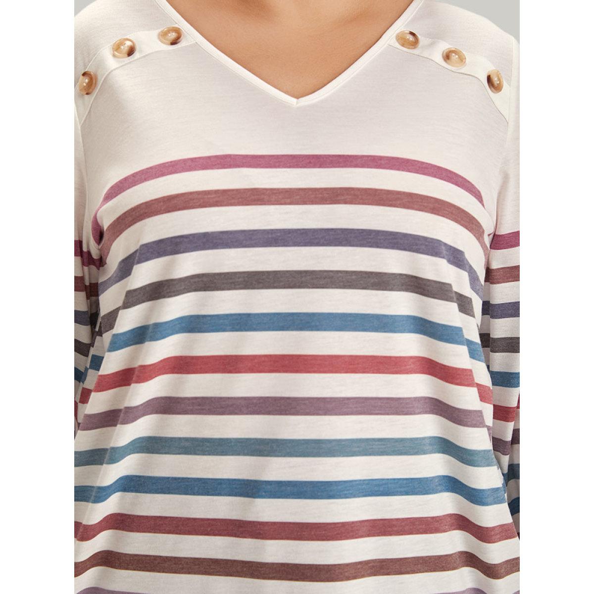 Plus Size Striped V Neck Button Detail Raglan Sleeve T-shirt Multicolor Women Casual Button Striped V-neck Dailywear T-shirts BloomChic 26/4X Product Image