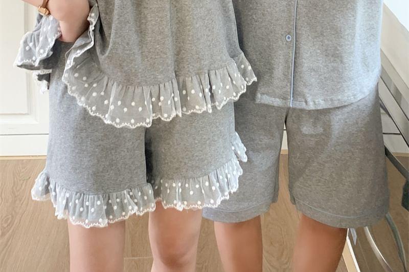 Couple Matching Short-Sleeve Lapel Collar Contrast Trim Button Pajama Top / Lace Trim Tank Top / Lounge Shorts / Set (Various Designs) Product Image