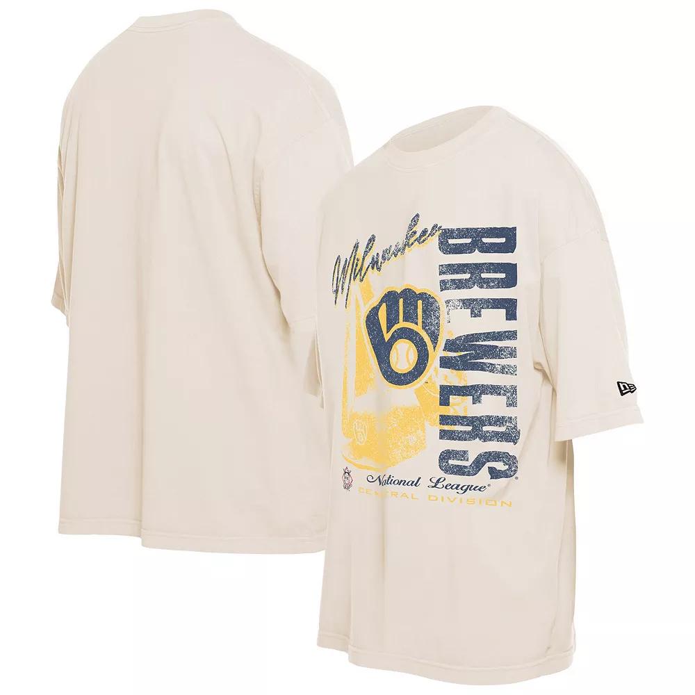 Men's New Era Cream Milwaukee Brewers Cooperstown Collection Oversized Throwback Distressed T-Shirt, Size: Medium, Beige Product Image
