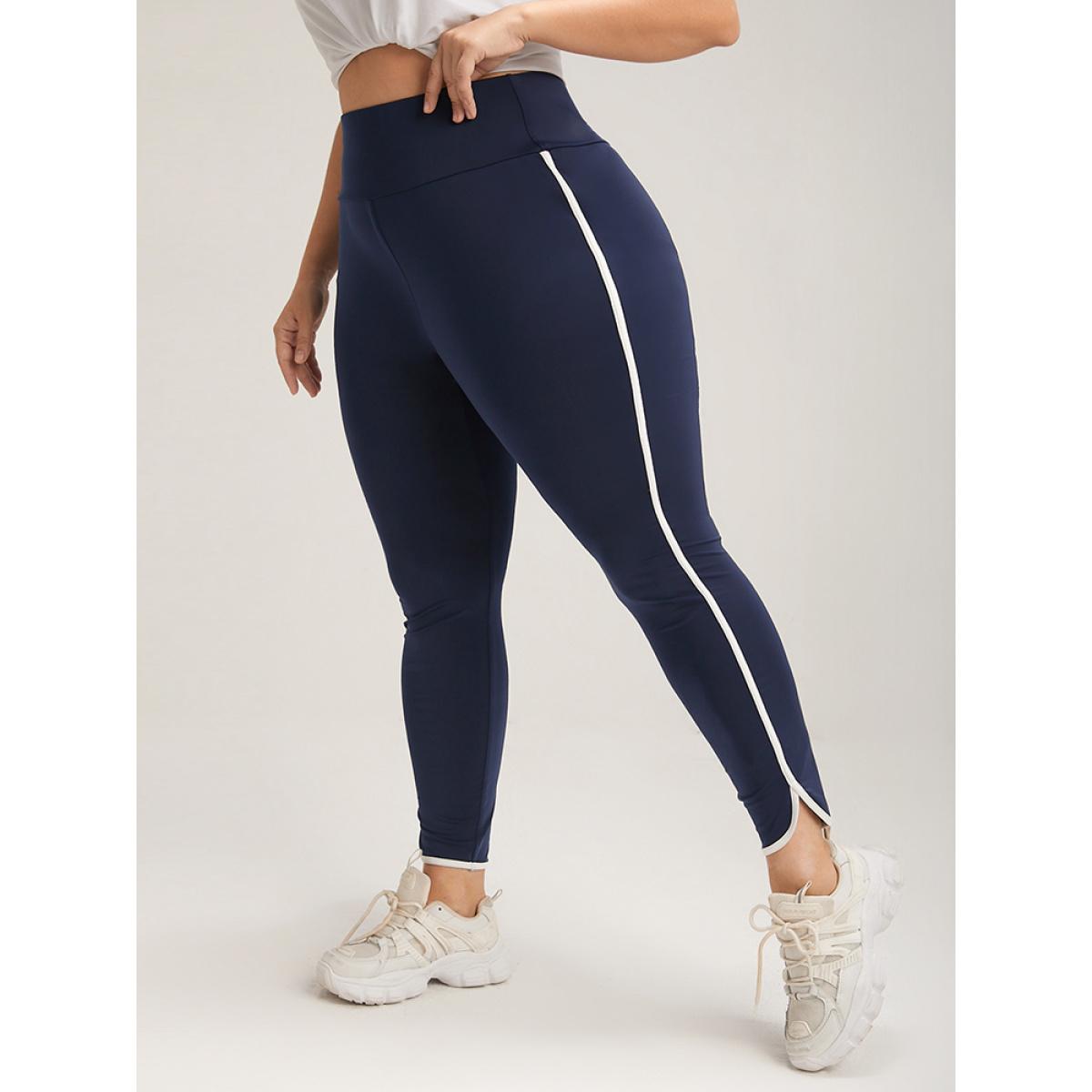 Plus Size Solid Wide Waistband Contrast Trim Skinny Leggings Women DarkBlue Casual High stretch Skinny High Rise Dailywear Leggings BloomChic 10/M Product Image
