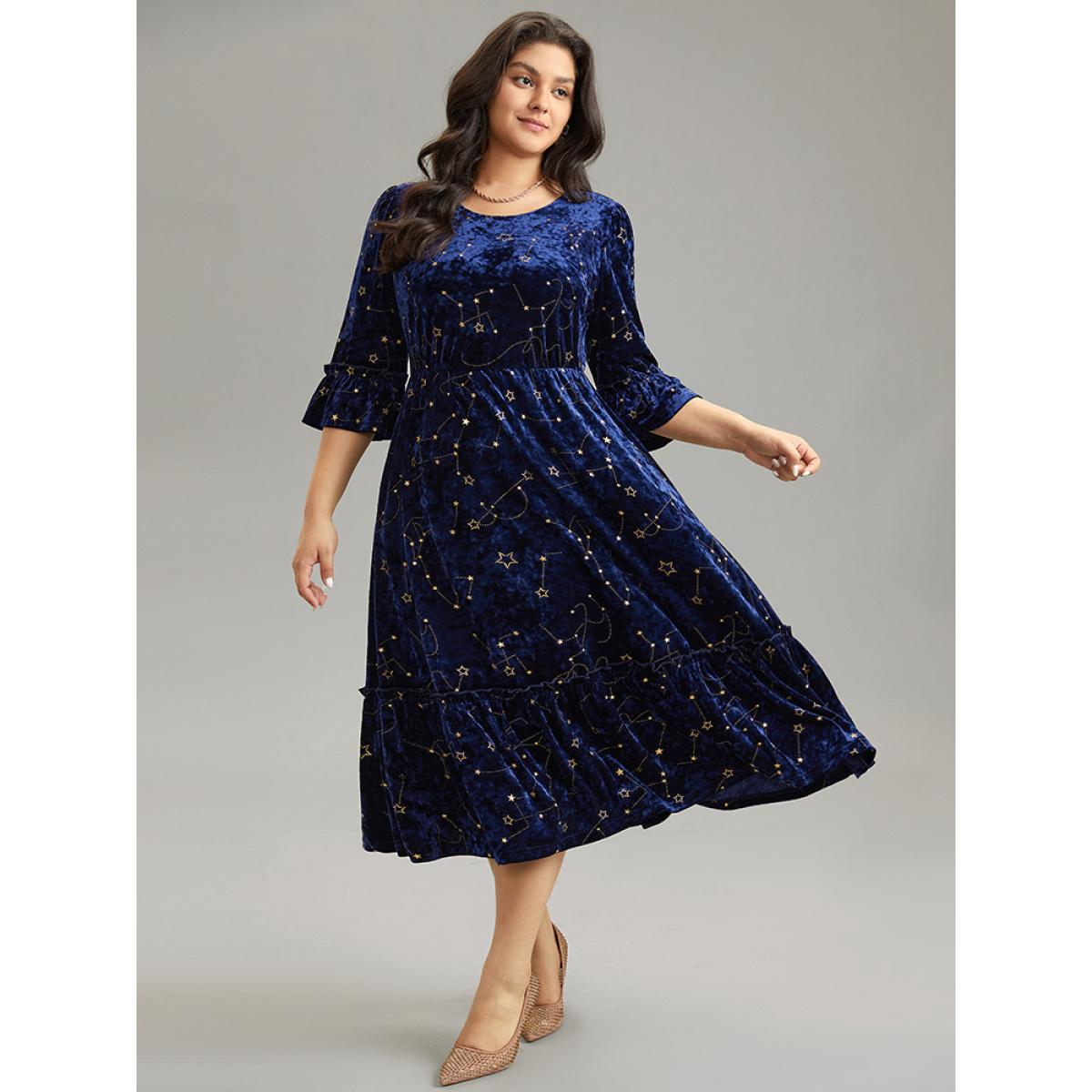 Plus Size Star Velvet Glitter Elastic Waist Crew Neck Dress Midnight Women Cocktail Velvet Round Neck Elbow-length sleeve Curvy Midi Dress BloomChic 22-24/3X Product Image