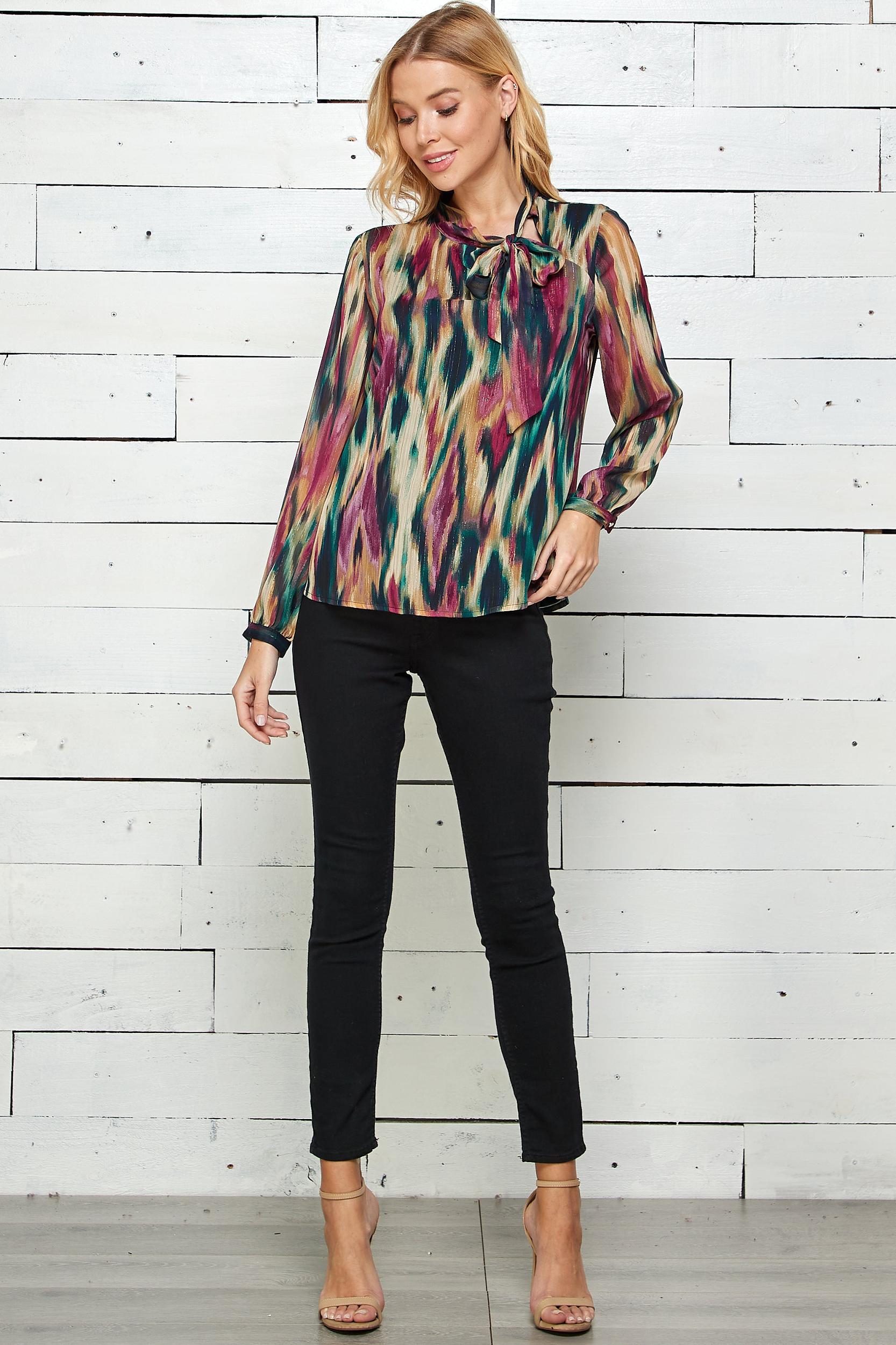 Burgundy Long Sleeve Side-Tie Neck Blouse Product Image