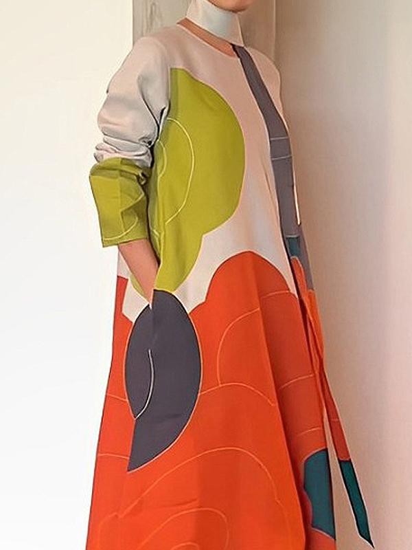 Long Sleeves Loose Printed Split-Joint Round-Neck Maxi Dresses Product Image