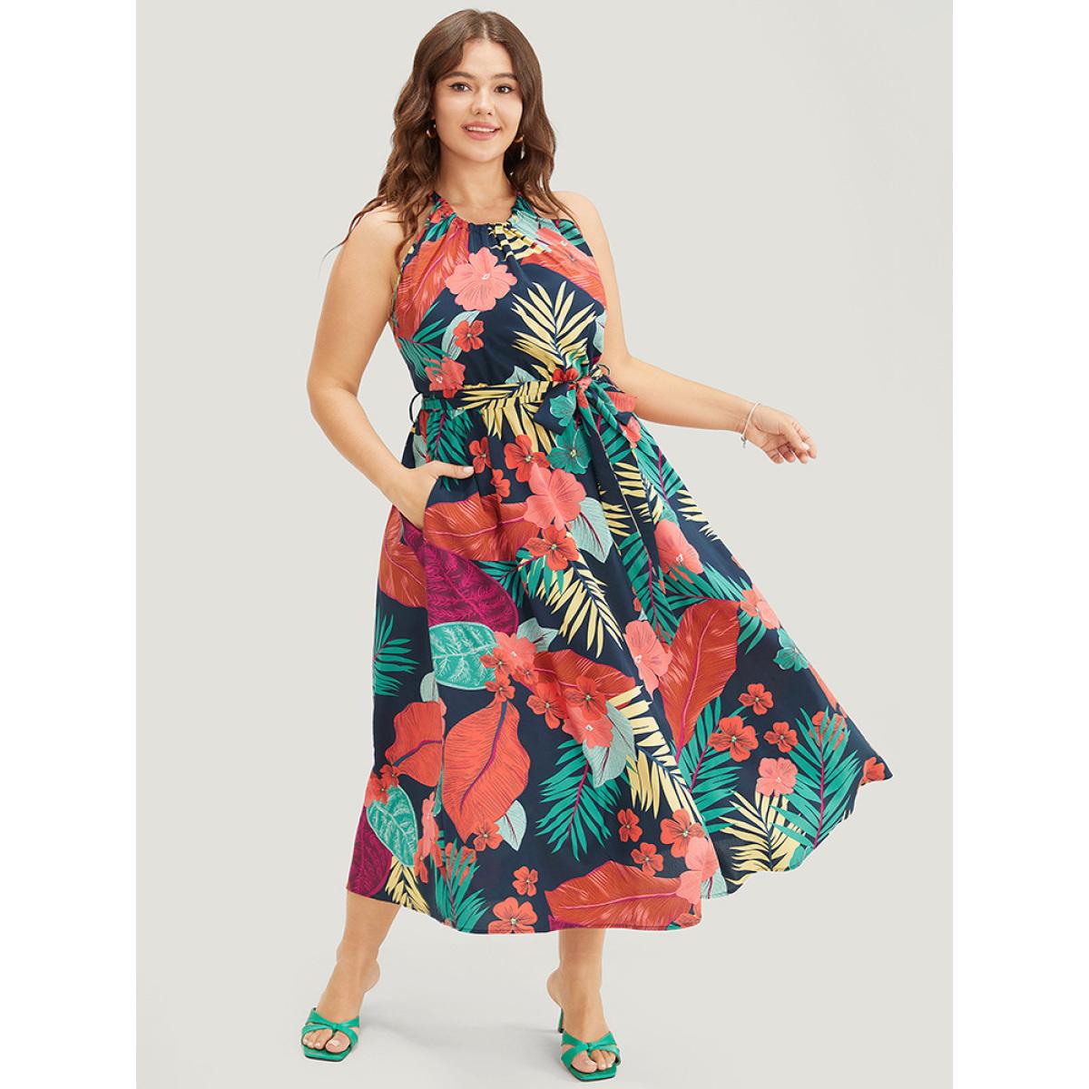 Plus Size Tropical Print Ruffle Hem Pocket Belt Knotted Halter Dress DarkBlue Women Vacation Cross straps Halter neck Sleeveless Curvy Midi Dress BloomChic 18-20/2X Product Image