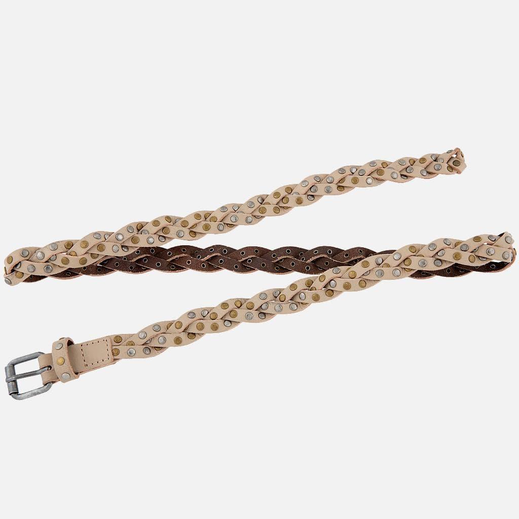 Amara | Silver Buckle Studded Braided Leather Belt Women: Taupe Product Image