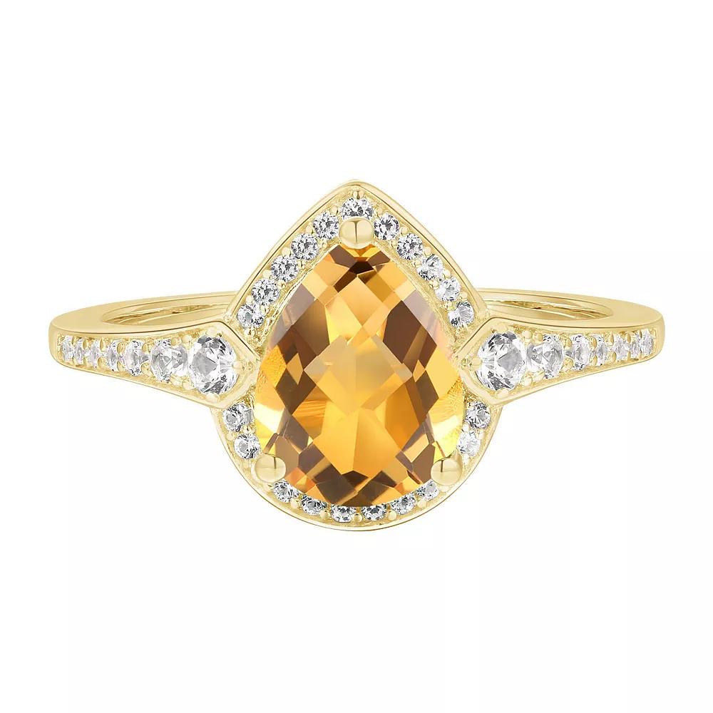 14k Gold Over Silver Citrine & Lab-Created White Sapphire Teardrop Halo Ring, Women's, Size: 7, Gold Tone Product Image