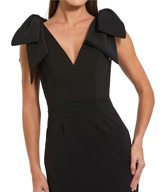 Mac Duggal Crepe V-Neck Sleeveless Bow Shoulder Midi Sheath Dress Product Image