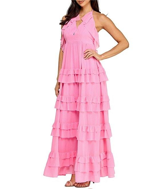 Layered With Love Olivia Chiffon V Neck Sleeveless Ruffle Gown Product Image
