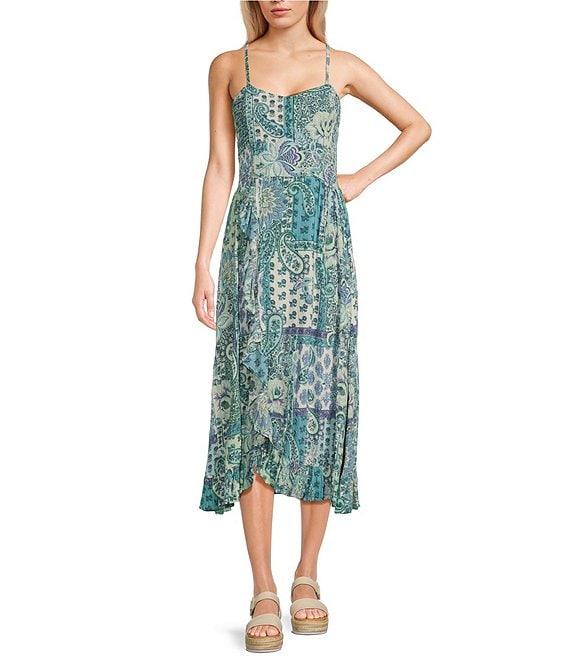 Angie Patch Print Spaghetti Strap Racer Back Ruffle Front Midi Dress Product Image