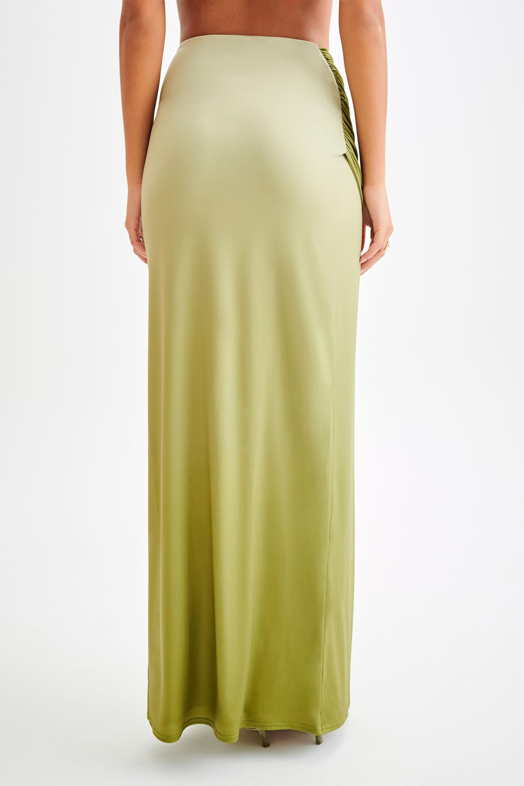 Bronwyn Slinky Ruched Maxi Skirt With Split - Ombre Vintage Olive Product Image