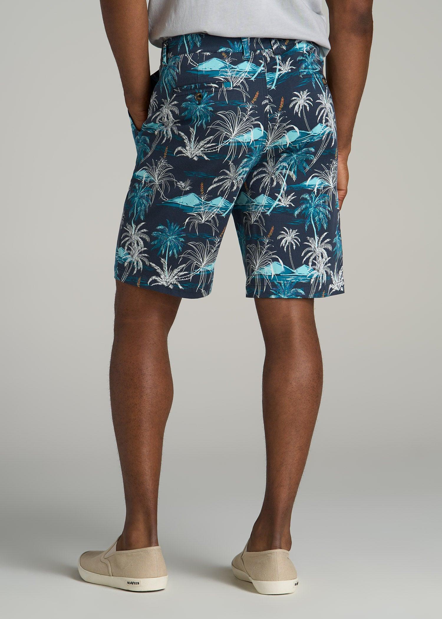 Printed Stretch Cotton Shorts for Tall Men in Blue and White Palms Male Product Image
