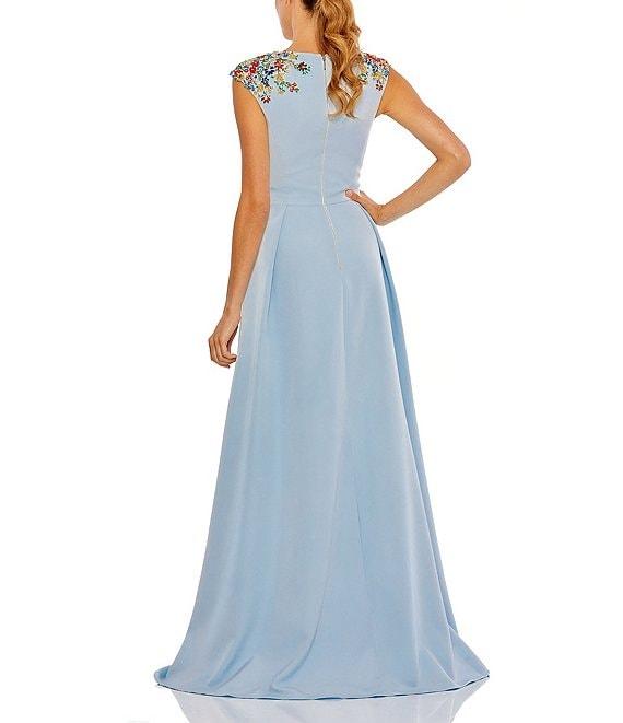 Mac Duggal Beaded Shoulder Deep V-Neck Cap Sleeve Thigh High Slit A-Line Gown Product Image