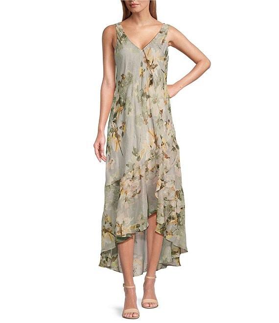 R & M Richards Petite Size Floral Print Chiffon Bolero 3/4 Sleeve V-Neck Asymmetrical Ruffle Hem 2-Piece Jacket Dress Product Image