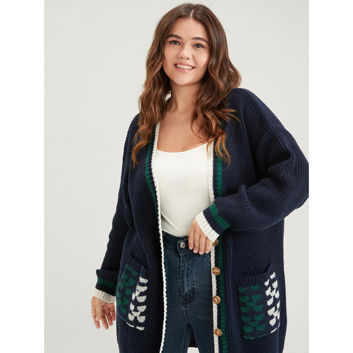Plus Size Contrast Trim Pointelle Knit Button Front Pocket Jacquard Cardigan DarkBlue Women Casual Loose Long Sleeve Dailywear Cardigans BloomChic 14-16/1X Product Image