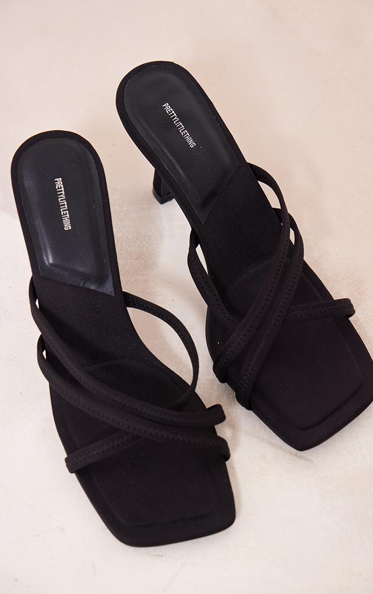 Black Lycra Square Toe Cross Strap Heeled Mules Product Image