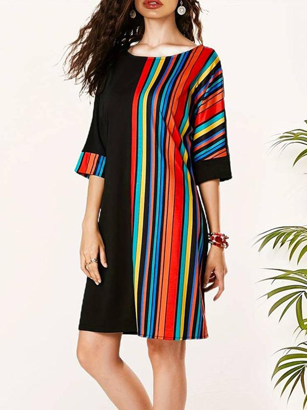 A-Line Half Sleeves Asymmetric Contrast Color Striped Round-Neck Mini Dresses Product Image