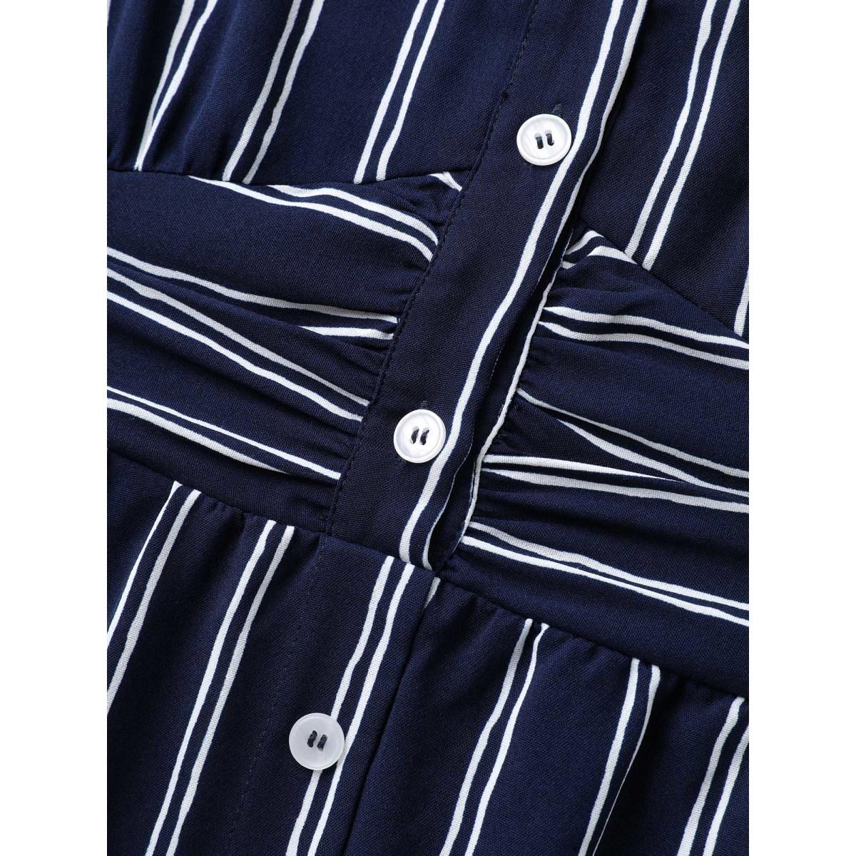 Plus Size Striped Waist-Cinched Pockets Midi Dress Indigo Women Pleated Shirt collar Short sleeve Curvy BloomChic 14-16/1X Product Image
