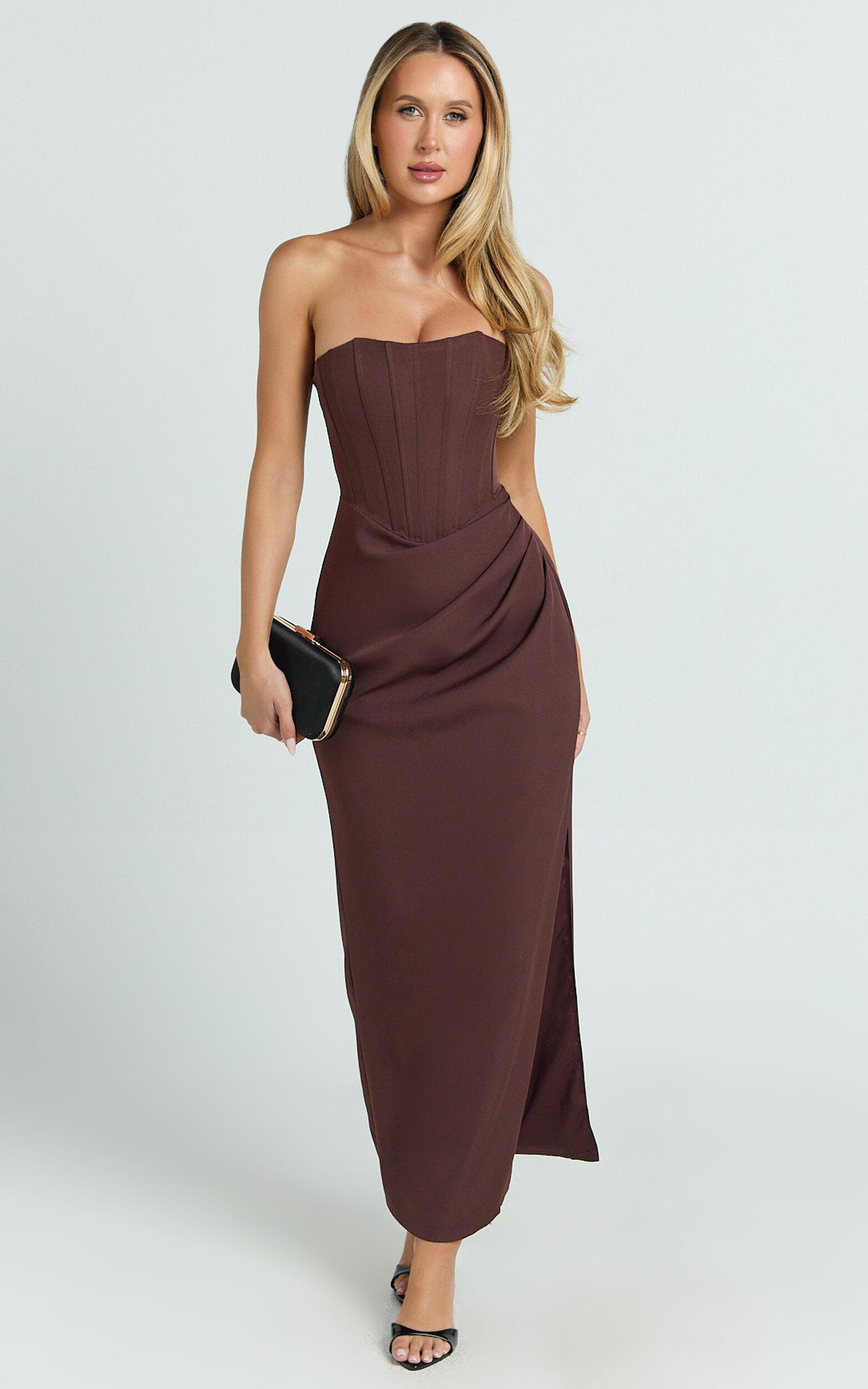 Avery Midi Dress - Strapless Draped Side Split Dress in Chocolate Product Image