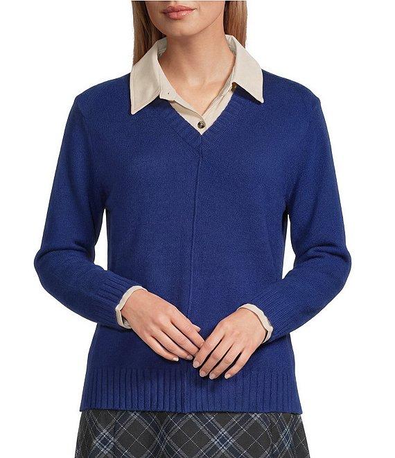 Investments Long Sleeve Point Collar Twofer Sweater Product Image
