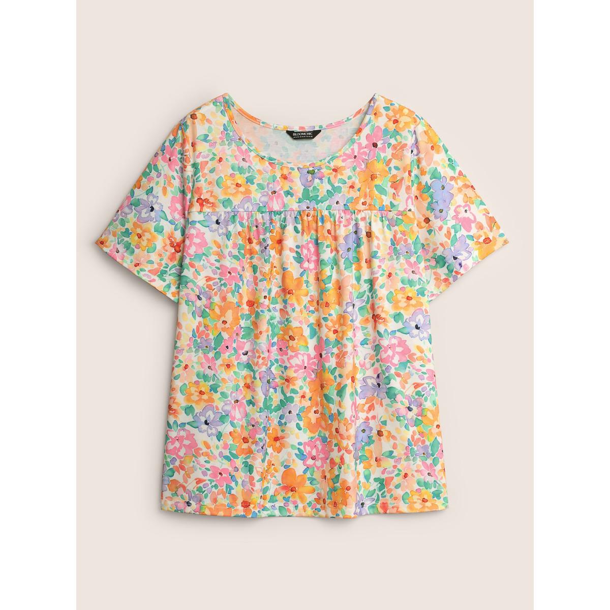 Plus Size Crew Neck Colored Floral Gathered T-shirt Multicolor Women Elegant Contrast Natural Flowers Round Neck Everyday T-shirts BloomChic 28/5X Product Image