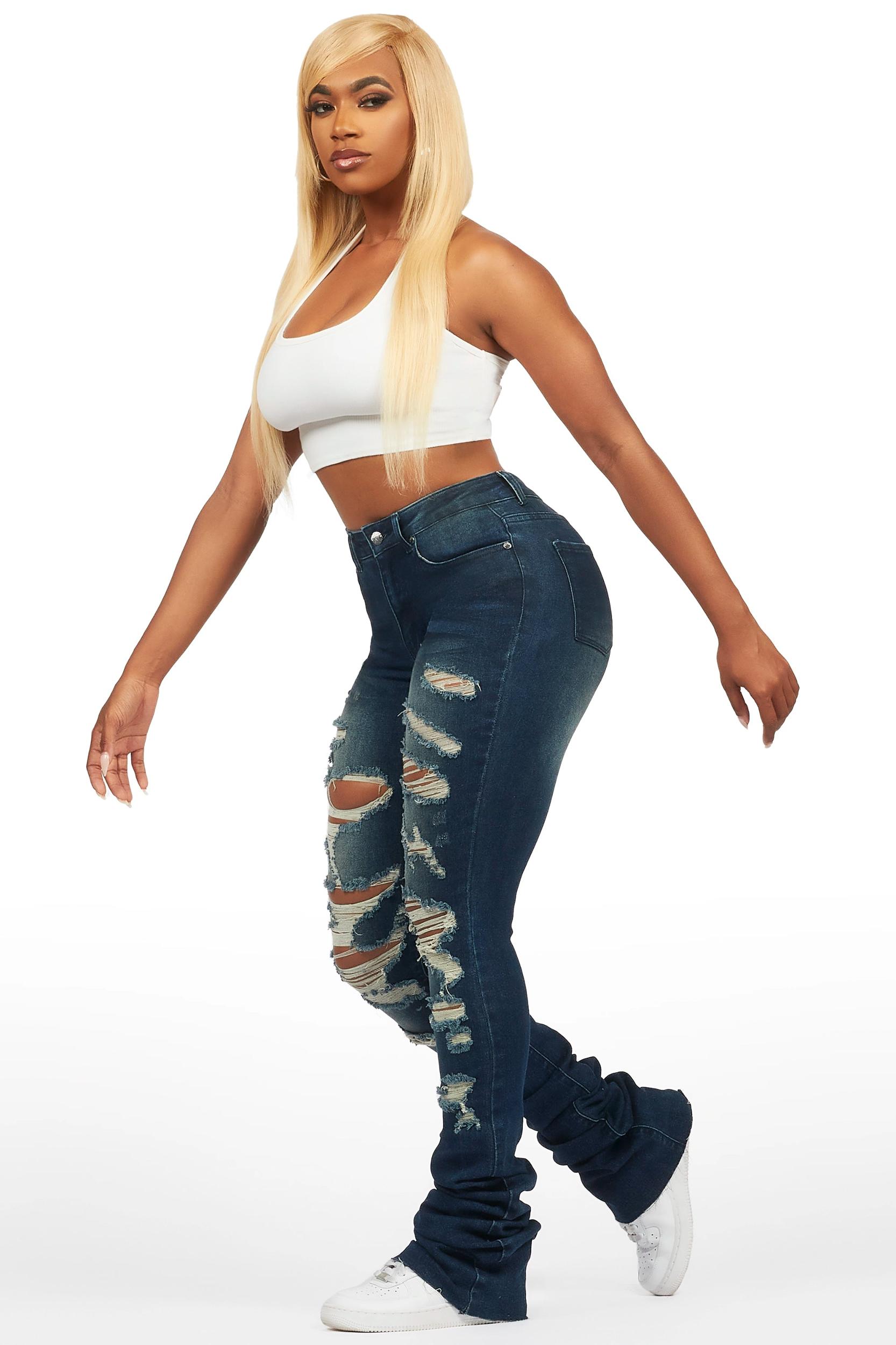 Teyja Dark Wash Distressed Super Stacked Jean Female Product Image