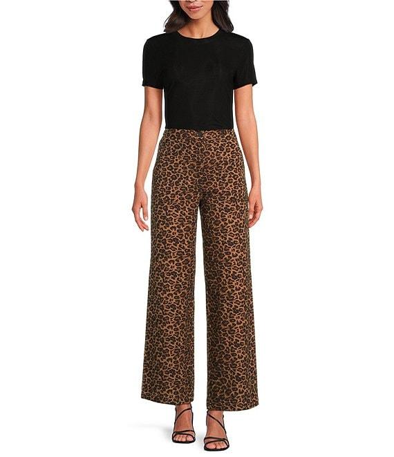 Skies Are Blue Leopard Print Wide Leg Denim Jeans Product Image