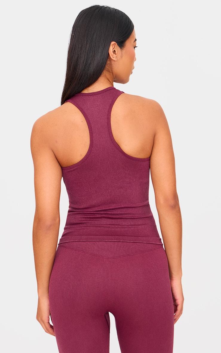 Deep Burgundy Acid Wash Seamless Rib Halter Neck Gym Top Product Image