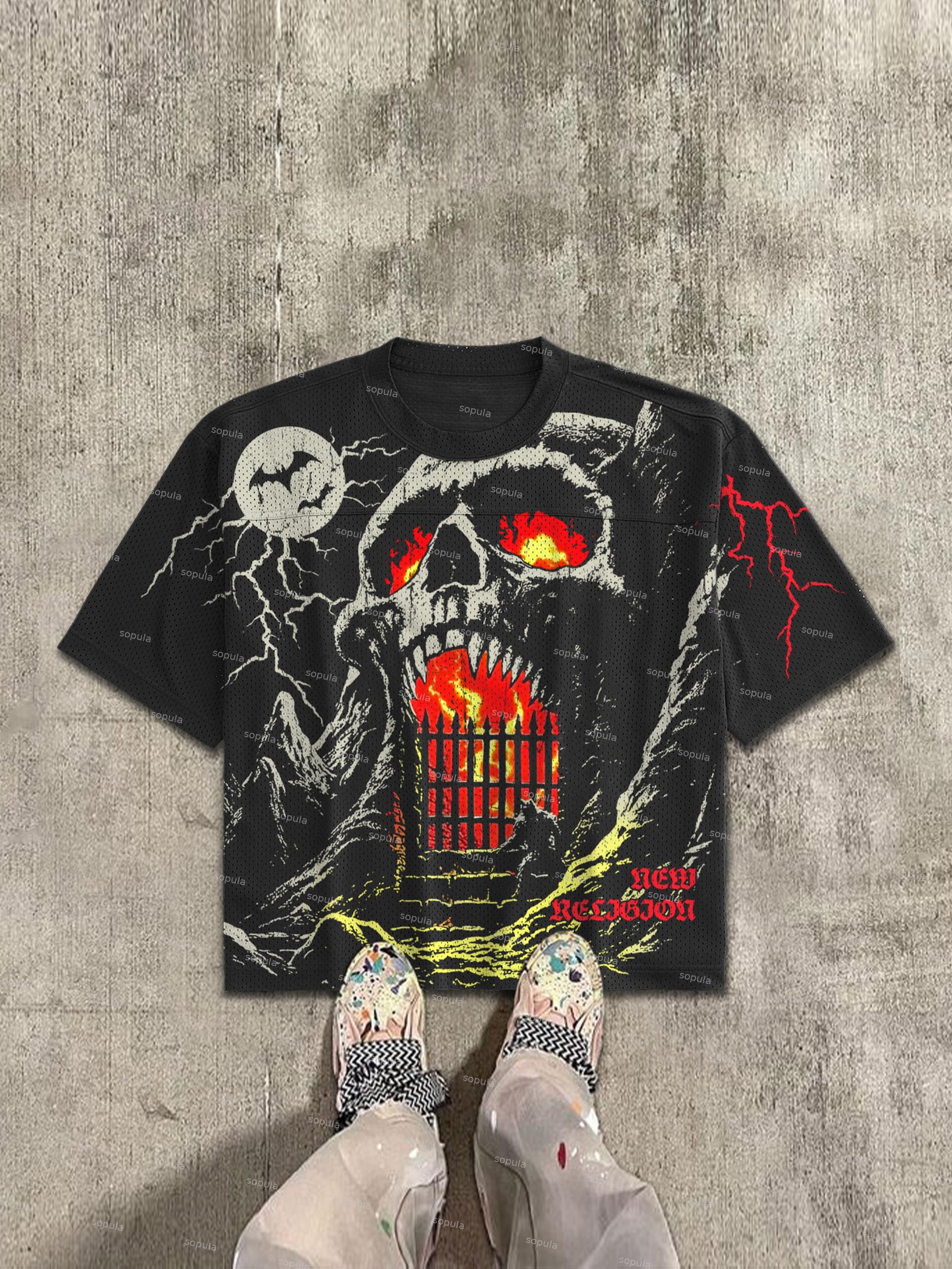 Skull Flame Mountain Graphic Mesh Football Jersey T-shirt Product Image