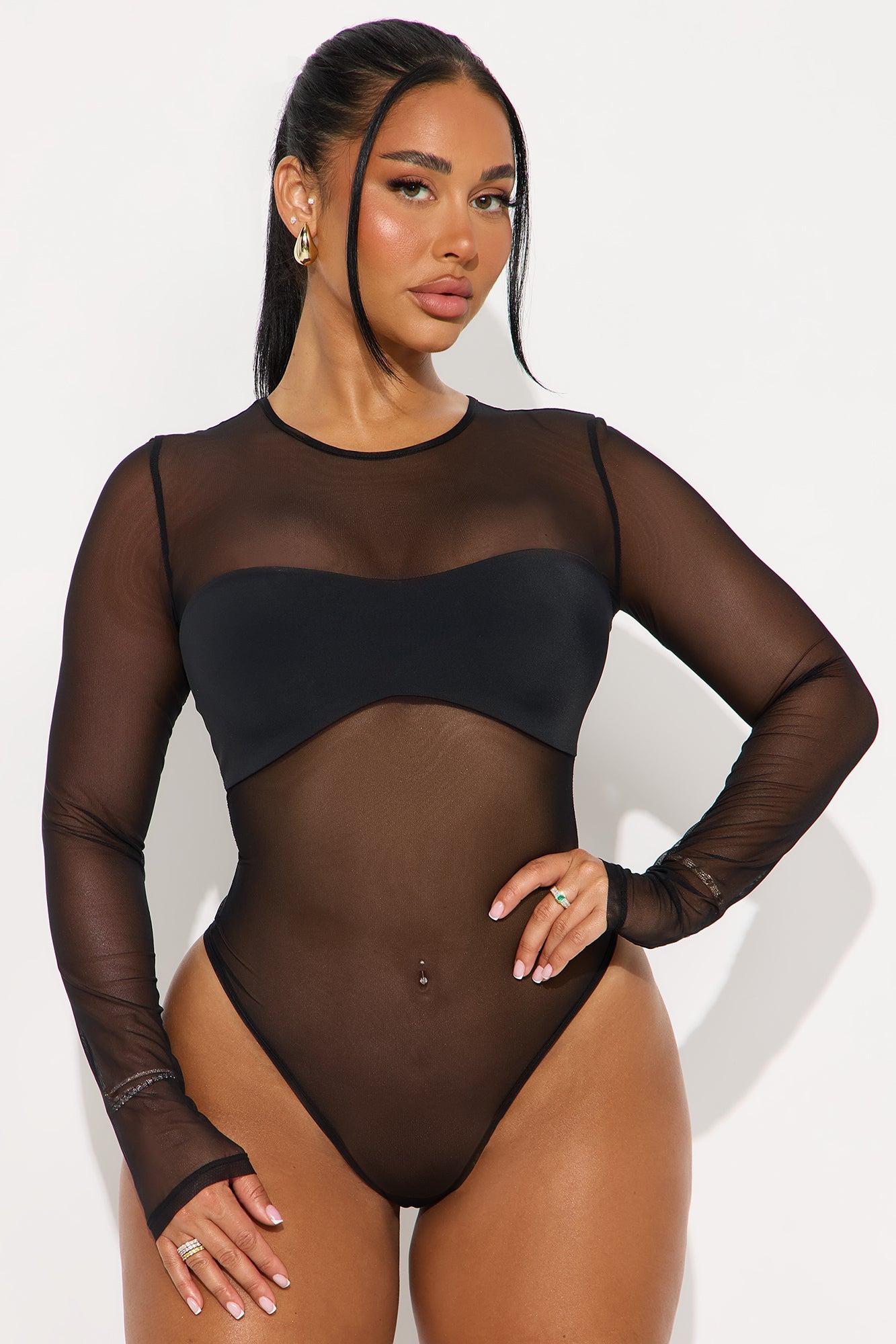 Under Pressure Sheer Mesh Long Sleeve Bodysuit - Black Female Product Image